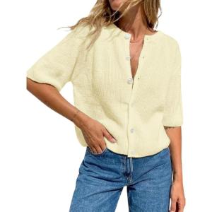 Fisoew Womens Short Sleeve Cropped Cardigan Sweaters Button Down Lightweight Knit Blouse Tops Casual Summer Shirt(Apricot)