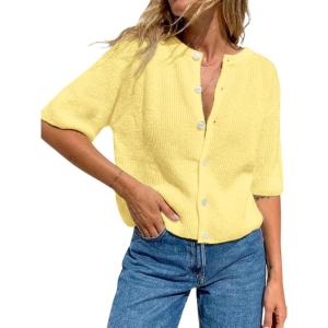 Fisoew Womens Short Sleeve Cropped Cardigan Sweaters Button Down Lightweight Knit Blouse Tops Casual Summer Shirt(Yellow)