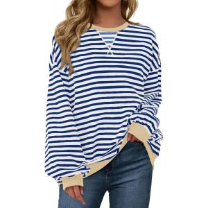 Fisoew Womens Striped Oversized Sweatshirt Color Block Crew Neck Long Sleeve Shirt Casual Loose Pullover Top Y2K Clothes(Blue)