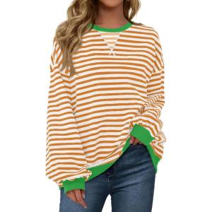 Fisoew Womens Striped Oversized Sweatshirt Color Block Crew Neck Long Sleeve Shirt Casual Loose Pullover Top Y2K Clothes(Orange)