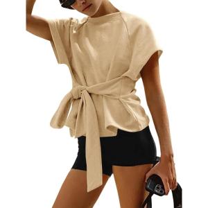 Fisoew Womens Summer Short Sleeves Tee Tops Crewneck Sweatshirt Tie Front Casual 2026 Trendy Fashion T Shirt(Khaki)