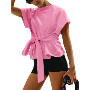 Fisoew Womens Summer Short Sleeves Tee Tops Crewneck Sweatshirt Tie Front Casual 2026 Trendy Fashion T Shirt(Pink)