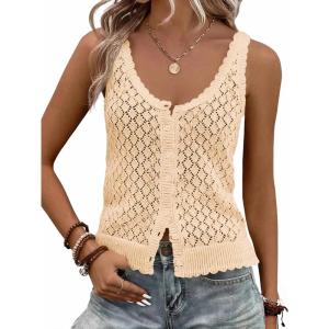 Fisoew Womens Sweater Tank Tops Summer Sleeveless Crochet Cardigan Button Down Boho Knit Going Out Vest Tops(Apricot)