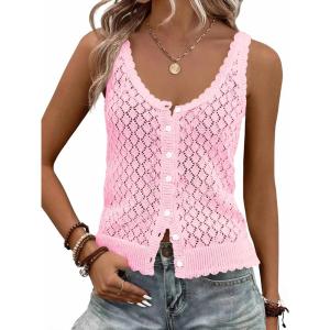 Fisoew Womens Sweater Tank Tops Summer Sleeveless Crochet Cardigan Button Down Boho Knit Going Out Vest Tops(Pink)