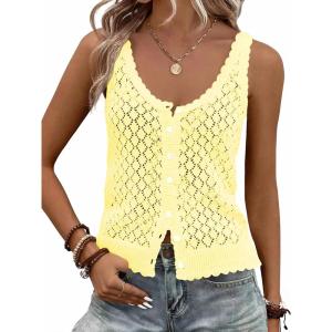 Fisoew Womens Sweater Tank Tops Summer Sleeveless Crochet Cardigan Button Down Boho Knit Going Out Vest Tops(Yellow)