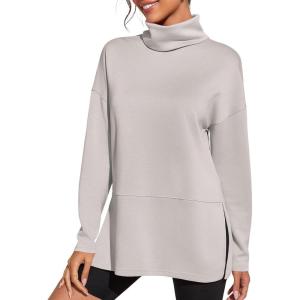 Fisoew Women’s Turtleneck Oversized Sweatshirt Casual Long Sleeve Loose Side Slit Pullovers Tunic Tops(Apricot)