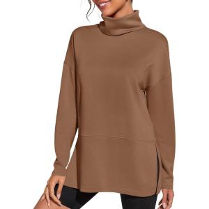 Fisoew Women’s Turtleneck Oversized Sweatshirt Casual Long Sleeve Loose Side Slit Pullovers Tunic Tops(Coffee)