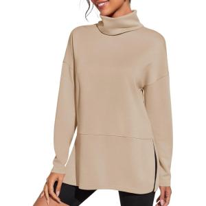 Fisoew Women’s Turtleneck Oversized Sweatshirt Casual Long Sleeve Loose Side Slit Pullovers Tunic Tops(Dark Khaki)