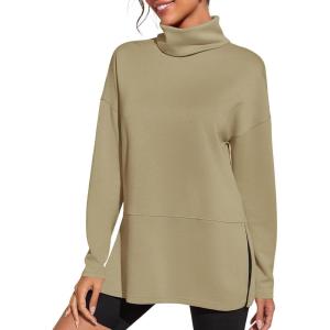 Fisoew Women’s Turtleneck Oversized Sweatshirt Casual Long Sleeve Loose Side Slit Pullovers Tunic Tops(Khaki)