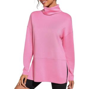 Fisoew Women’s Turtleneck Oversized Sweatshirt Casual Long Sleeve Loose Side Slit Pullovers Tunic Tops(Pink)