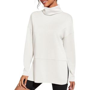 Fisoew Women’s Turtleneck Oversized Sweatshirt Casual Long Sleeve Loose Side Slit Pullovers Tunic Tops(White)