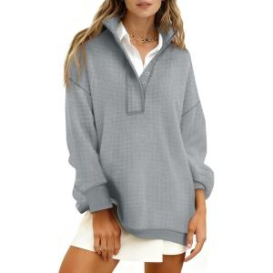 Fisoew Womens Waffle Knit Oversized Sweatshirt Casual Snap Stand Collar Long Sleeve Pullover Tops Fall Travel Outfits(Grey)