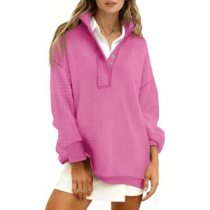 Fisoew Womens Waffle Knit Oversized Sweatshirt Casual Snap Stand Collar Long Sleeve Pullover Tops Fall Travel Outfits(Pink)