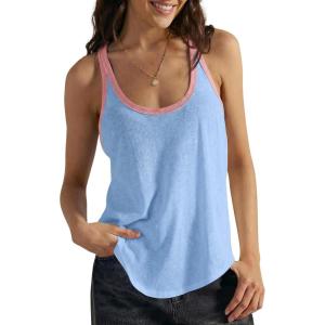 Fisoew Womens Workout Racerback Tank Tops Summer Crew Neck Tunics Loose Sleeveless Color Block Curved Hem Athletic Shirts(Blue)