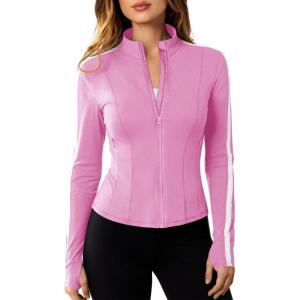 Fisoew Women’s Zip Up Workout Jackets Lightweight Contrast Colors Long Sleeve Gym Shirts Athletic Tops With Thumb Holes(Pink)