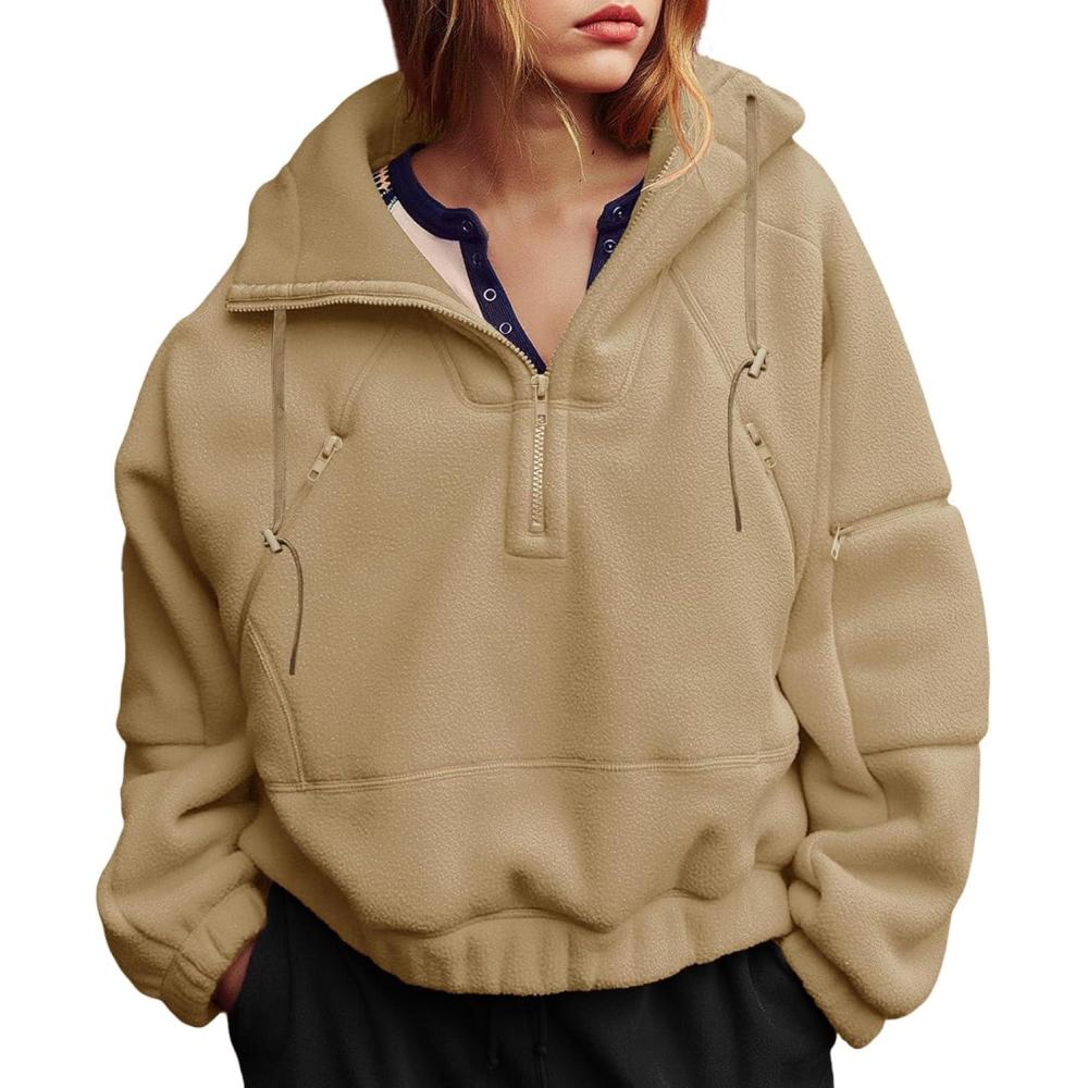 image:imageFisoew Womens Half Zip Fleece Hoodies Pullovers Oversized V Neck Sweatshirts Long Sleeve Hooded Tops with PocketsLight Khaki