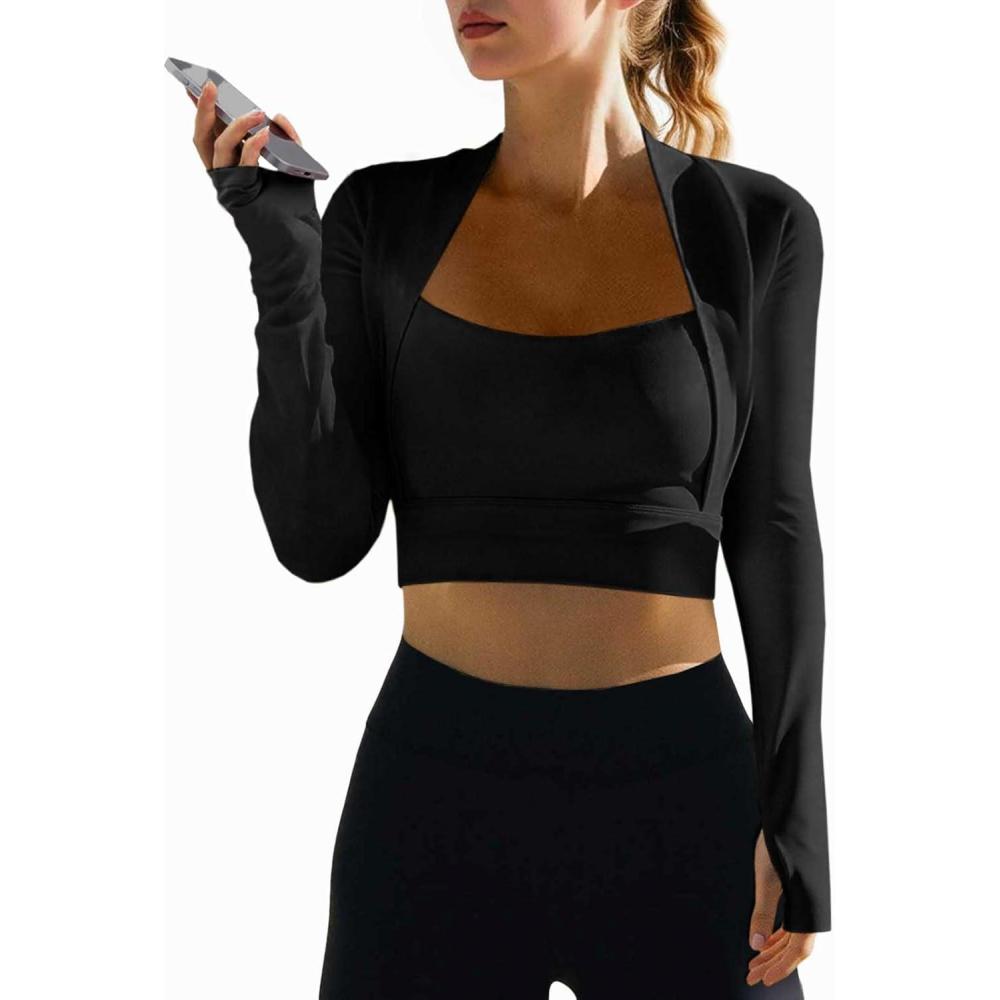 image:imageFisoew Womens Long Sleeve Fitted Workout Tops Padded Yoga Gym Cropped T Shirts Square Neck Tees Top with Thumb Hole