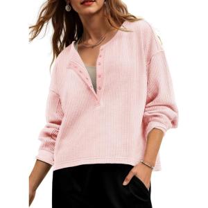 Fisoew Womens Cropped Sweatshirt Casual Waffle Knit Button V Neck Long Sleeve Loose Fit Fall Crop Tops(Light Pink)
