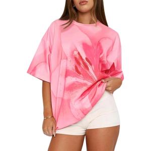 Fisoew Womens Half Sleeve Summer T Shirts Floral Print Casual Crew Neck Pullover Tee Shirt Tops Vacation Beach Outfits