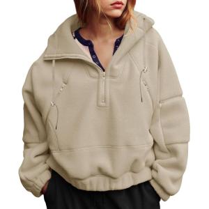 Fisoew Womens Half Zip Fleece Hoodies Pullovers Oversized V Neck Sweatshirts Long Sleeve Hooded Tops with Pockets(Beige)