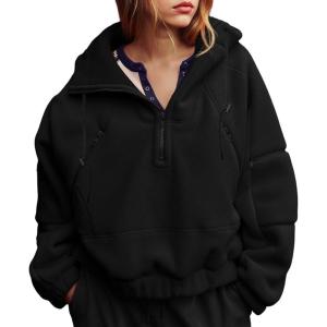 Fisoew Womens Half Zip Fleece Hoodies Pullovers Oversized V Neck Sweatshirts Long Sleeve Hooded Tops with Pockets(Black)