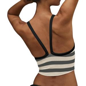 Fisoew Womens Striped Crop Sleeveless Tank Tops Scoop Neck Crossed V Racerback Cami Workout Yoga Athletic Sports Tops(Grey)