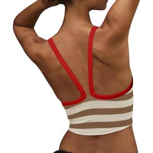 Fisoew Womens Striped Crop Sleeveless Tank Tops Scoop Neck Crossed V Racerback Cami Workout Yoga Athletic Sports Tops(Red)