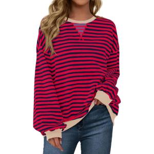 Fisoew Womens Striped Oversized Sweatshirt Color Block Crew Neck Long Sleeve Shirt Casual Loose Pullover Top Y2K Clothes Red