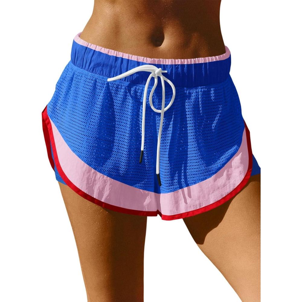 image:imageFisoew Women Athletic Shorts 2 in 1 Running High Split Color Block Workout Yoga Mesh Shorts Pocket DrawstringBlue
