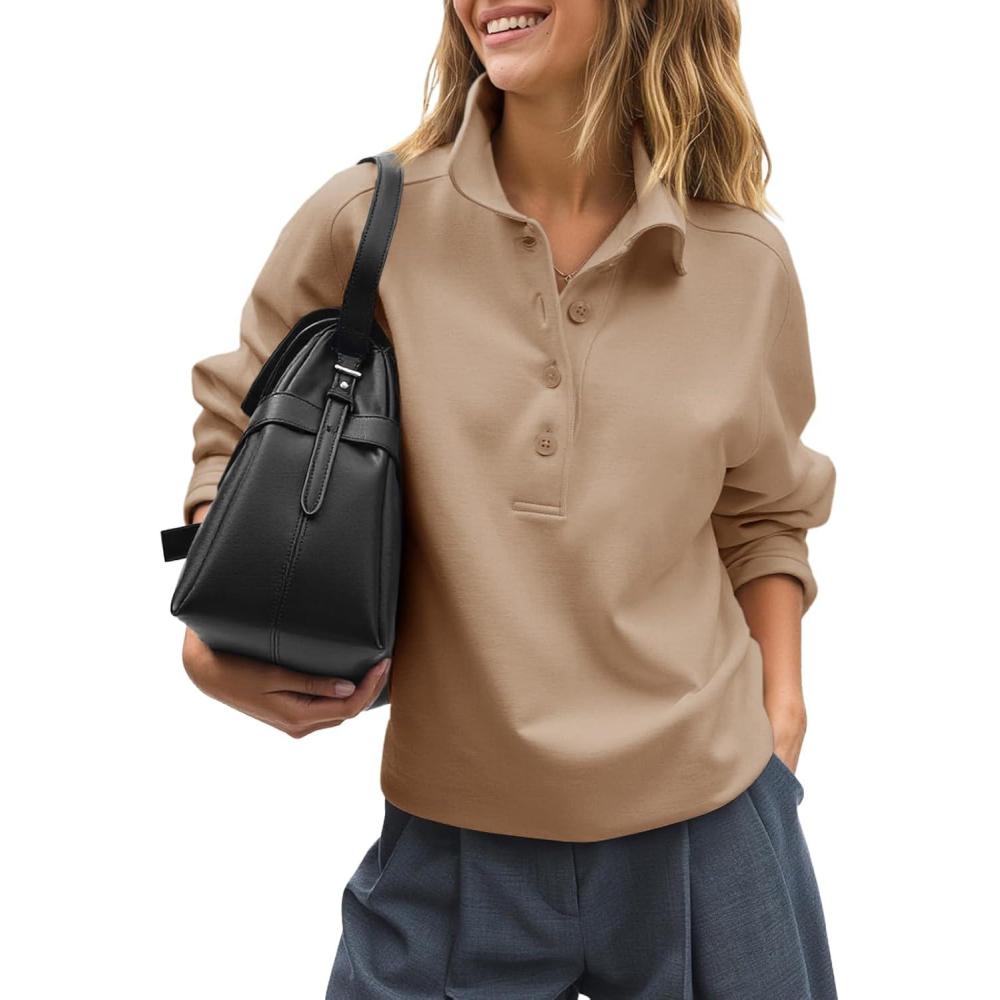 image:imageFisoew Womens Casual Sweatshirt Long Sleeve Button Collared Loose Fit Fall Pullover TopsBrown