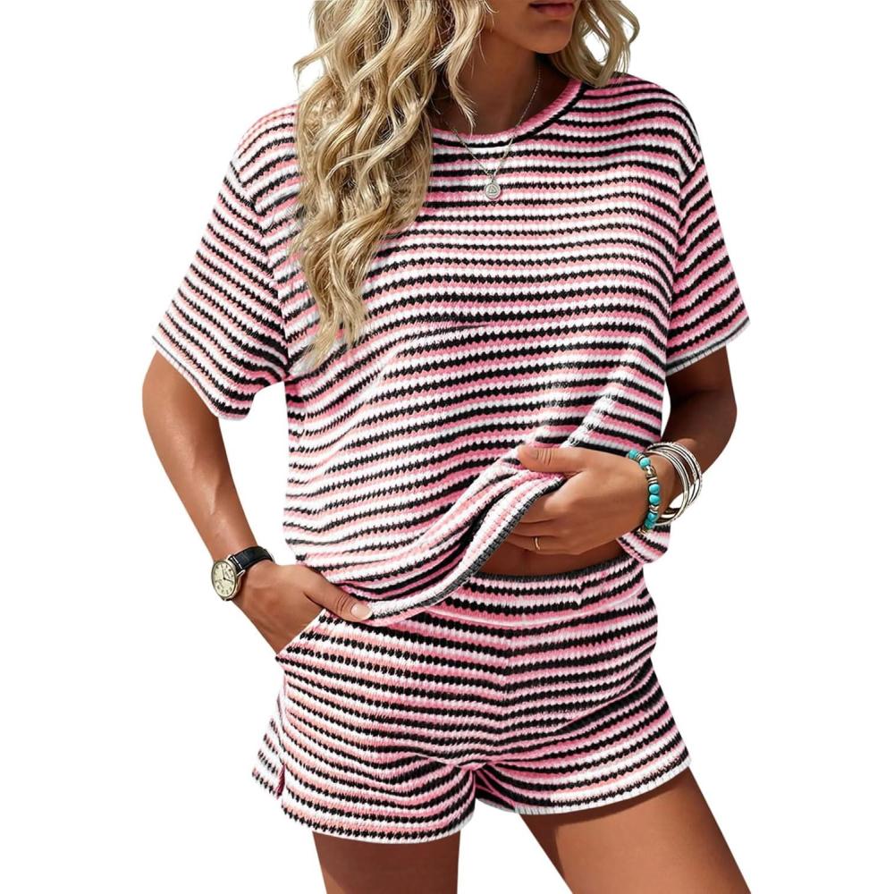 image:imageFisoew Womens Striped 2 Piece Short Sets Casual Short Sleeve Outfits Shirts Tops Knit Workout Matching Lounge Sets