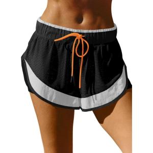 Fisoew Women Athletic Shorts 2 in 1 Running High Split Color Block Workout Yoga Mesh Shorts Pocket Drawstring(Black)