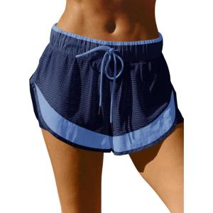Fisoew Women Athletic Shorts 2 in 1 Running High Split Color Block Workout Yoga Mesh Shorts Pocket Drawstring(Dark Blue)