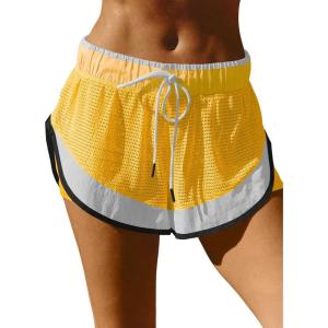 Fisoew Women Athletic Shorts 2 in 1 Running High Split Color Block Workout Yoga Mesh Shorts Pocket Drawstring(Yellow)