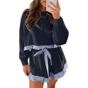 Fisoew Women’s 2 Piece Lounge Sets Color Block Ruffle Cropped Sweatshirts Loose Drawstring Waist Shorts Sweatsuits(Navy)