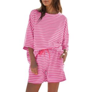 Fisoew Womens Striped 2 Piece Outfits Sweatsuits 3/4 Sleeve Oversized Tops High Waisted Shorts Casual Lounge Sets(Pink)