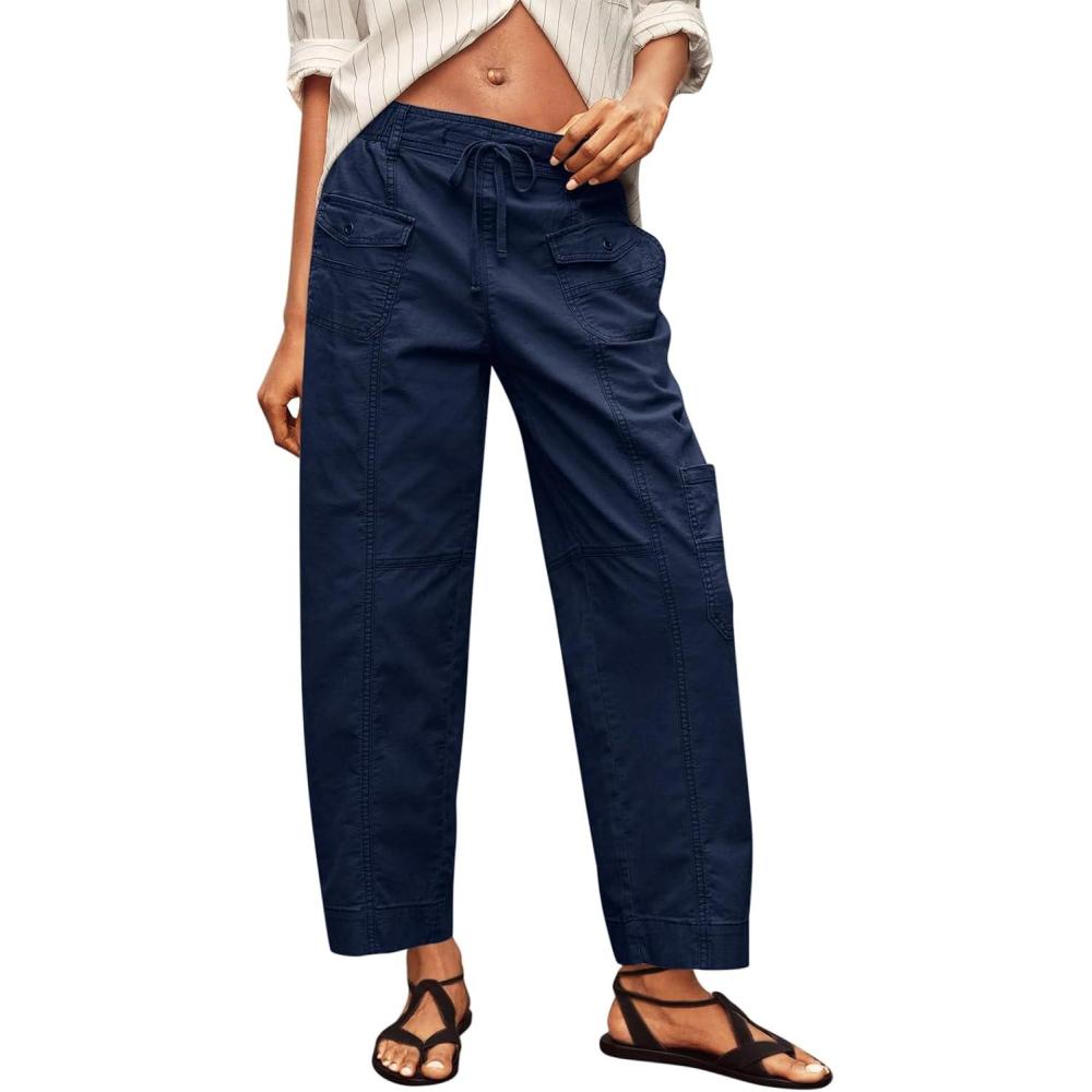 image:imageFisoew Womens 100 Cotton Cargo Pants Drawstring Elastic Waist Casual Hiking Work Pants with Multiple PocketsNavy