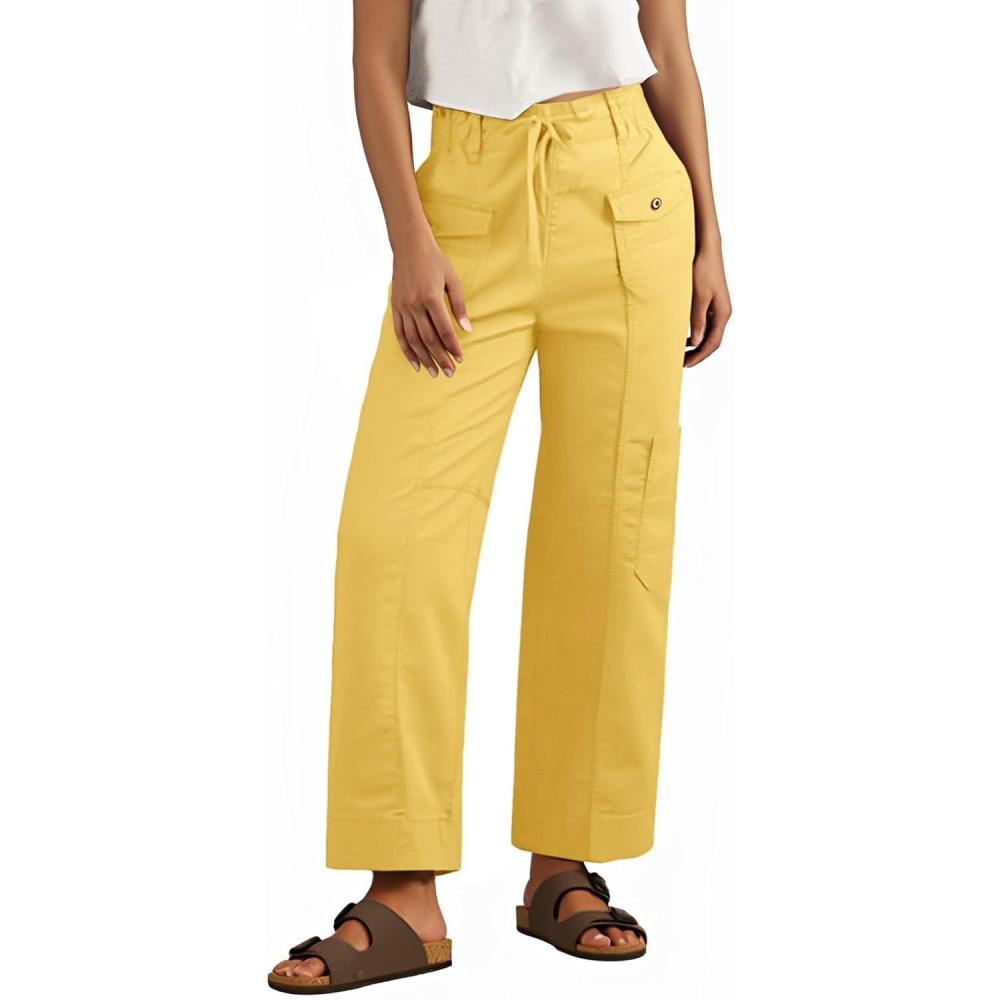 image:imageFisoew Womens 100 Cotton Cargo Pants Drawstring Elastic Waist Casual Hiking Work Pants with Multiple PocketsYellow
