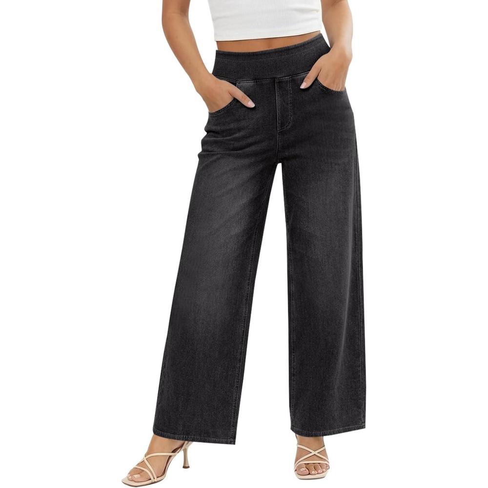 image:imageFisoew Womens Baggy Wide Leg Jeans High Waisted Pull On Straight Leg Stretchy Jeans Boyfriend Denim PantsBlack Gray
