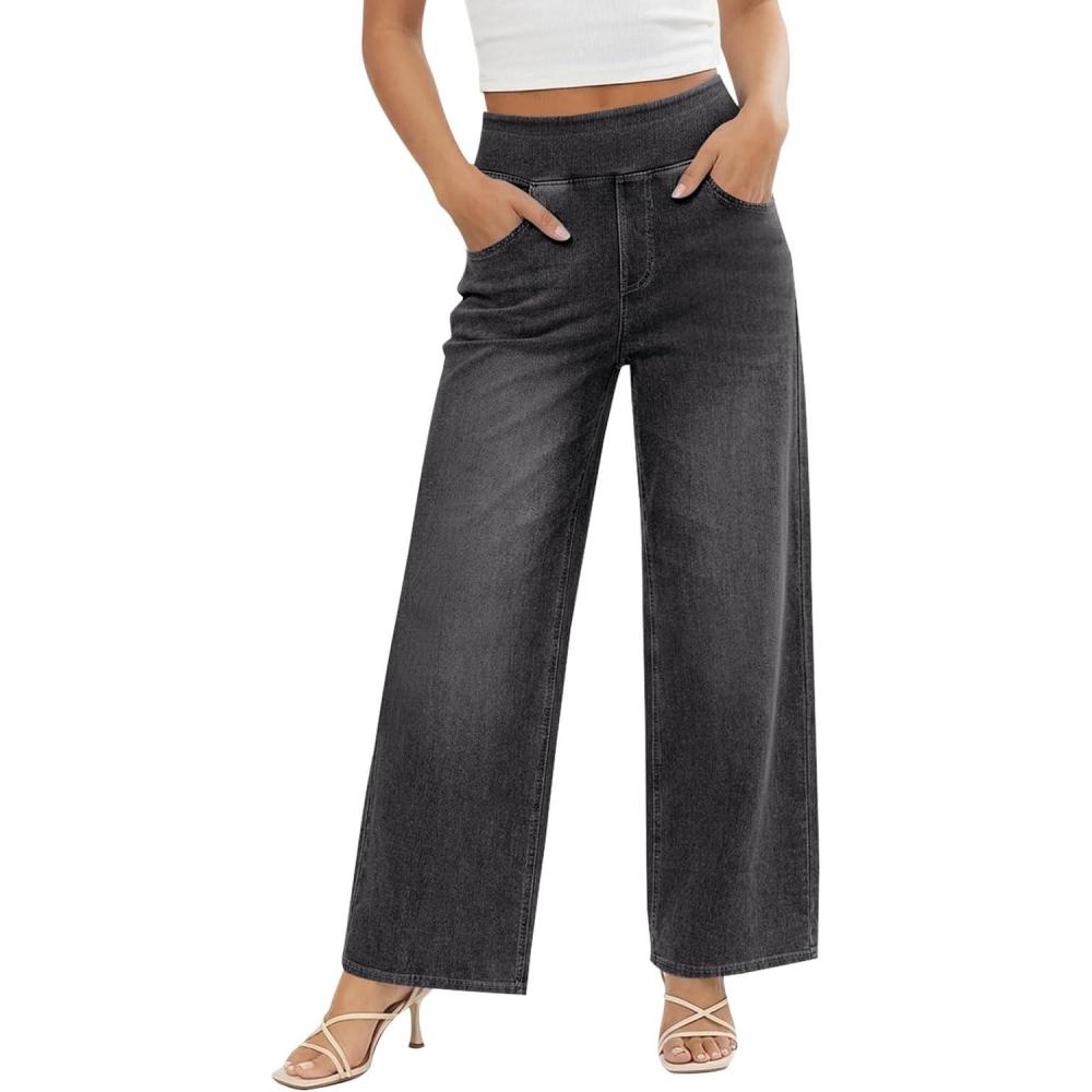 image:imageFisoew Womens Baggy Wide Leg Jeans High Waisted Pull On Straight Leg Stretchy Jeans Boyfriend Denim PantsGray