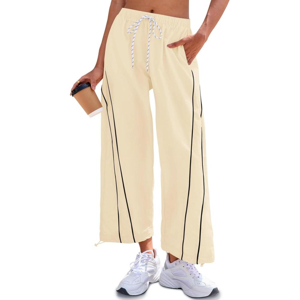 image:imageFisoew Womens Baggy Wide Leg Pants Casual Elastic Waist Drawstring Hiking Workout Cropped Pants with PocketsApricot