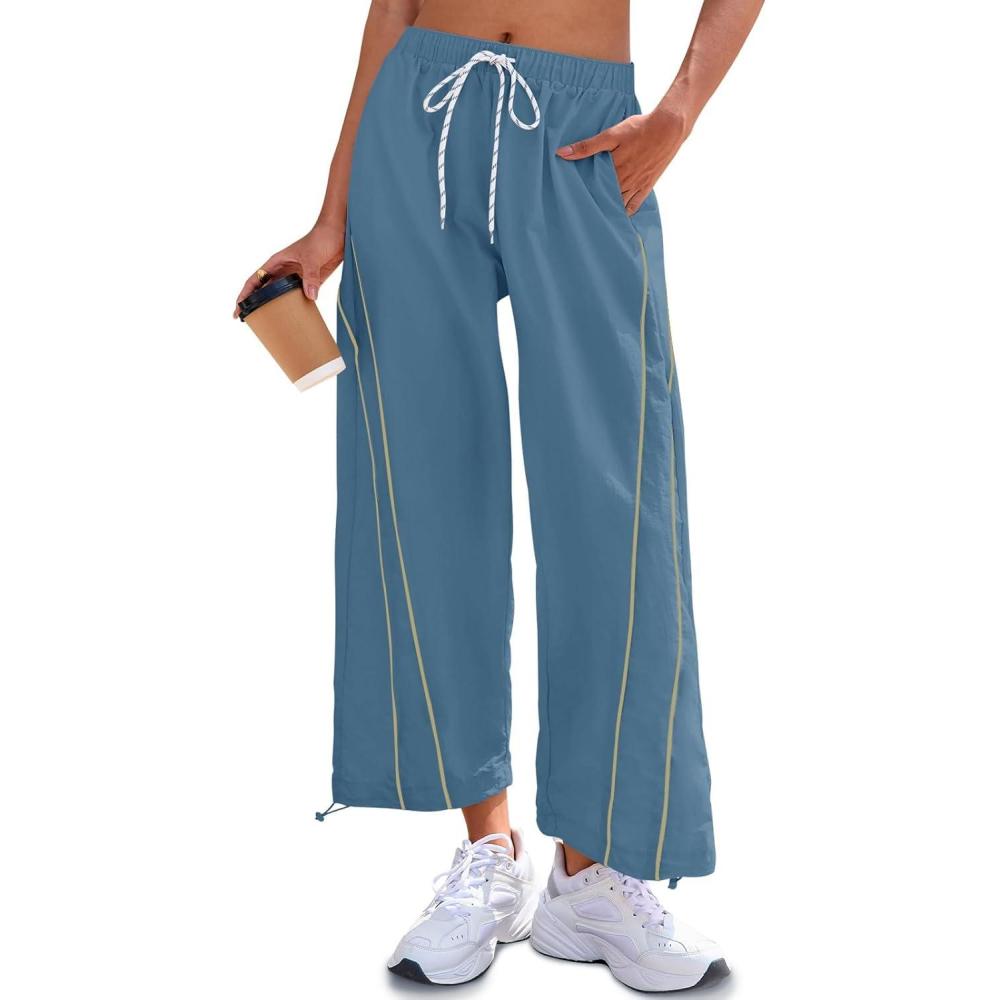 image:imageFisoew Womens Baggy Wide Leg Pants Casual Elastic Waist Drawstring Hiking Workout Cropped Pants with PocketsBlue