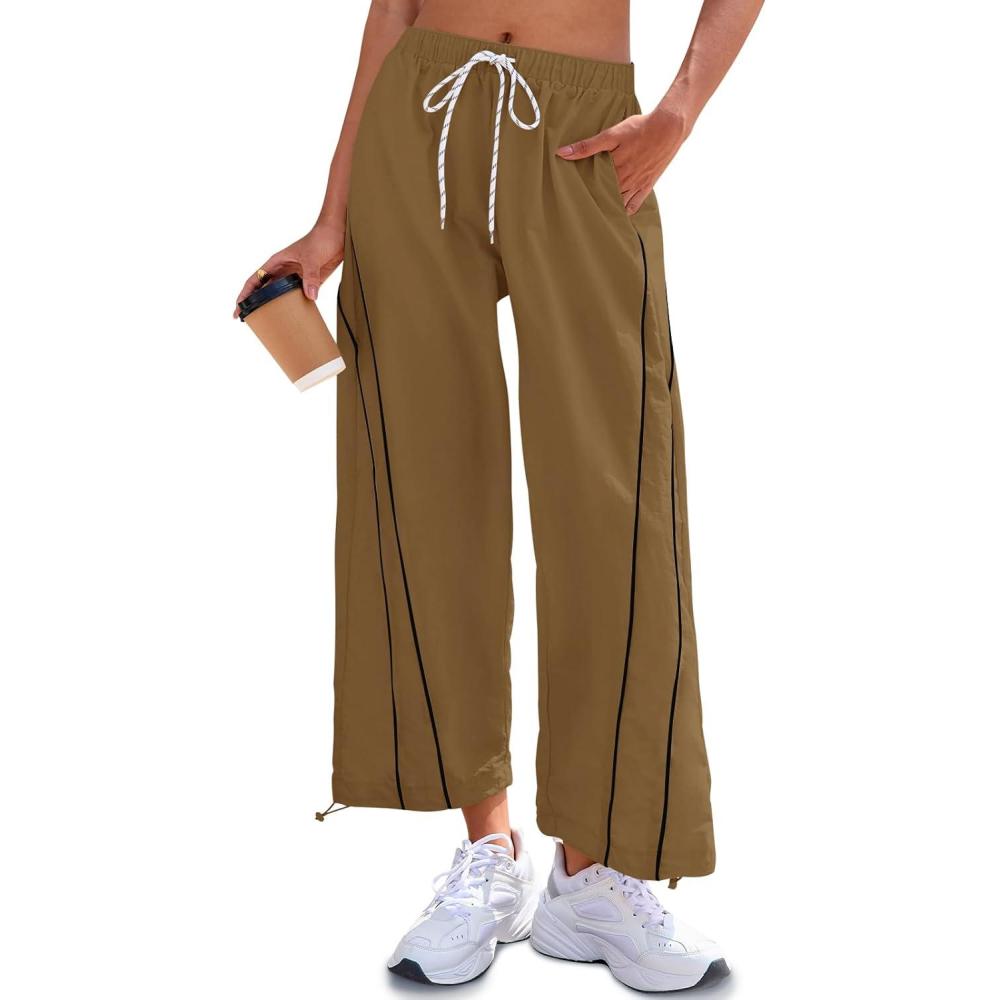 image:imageFisoew Womens Baggy Wide Leg Pants Casual Elastic Waist Drawstring Hiking Workout Cropped Pants with PocketsBrown