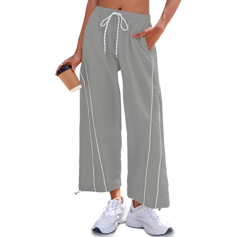 image:imageFisoew Womens Baggy Wide Leg Pants Casual Elastic Waist Drawstring Hiking Workout Cropped Pants with PocketsLight Grey