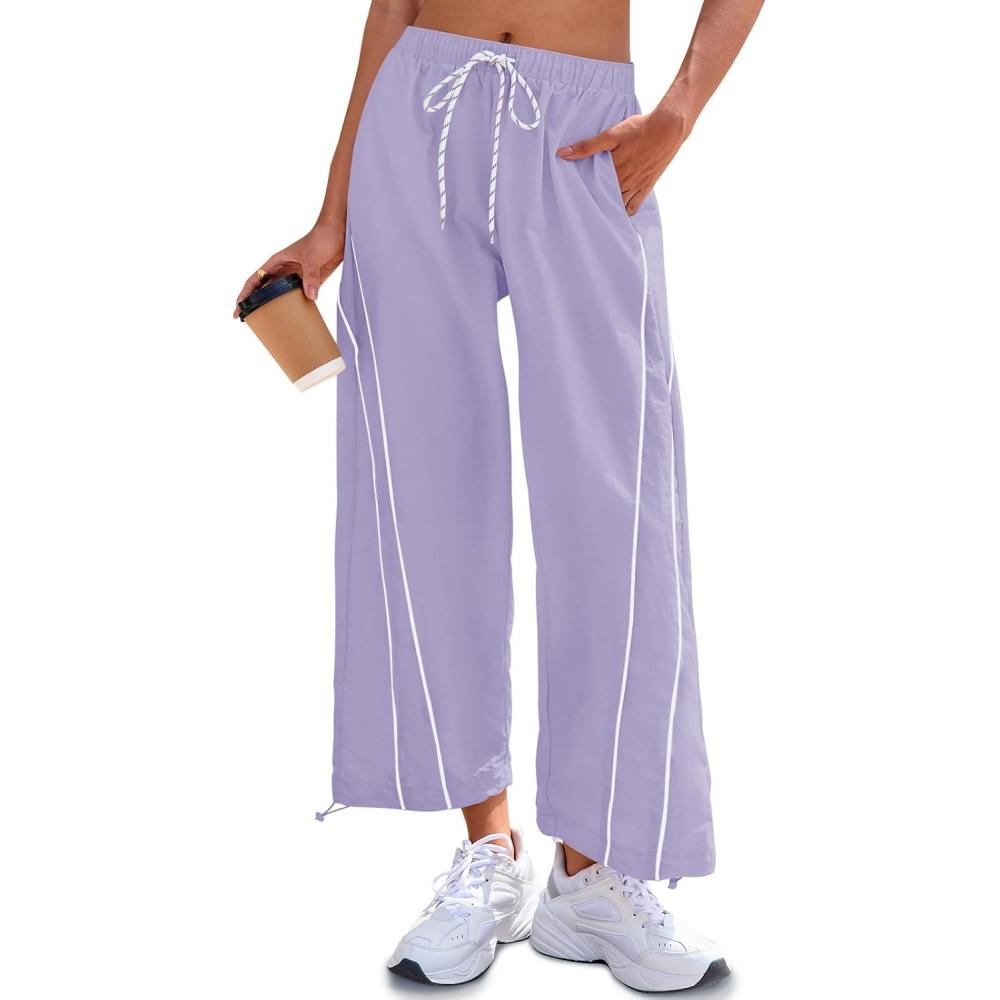 image:imageFisoew Womens Baggy Wide Leg Pants Casual Elastic Waist Drawstring Hiking Workout Cropped Pants with PocketsViolet