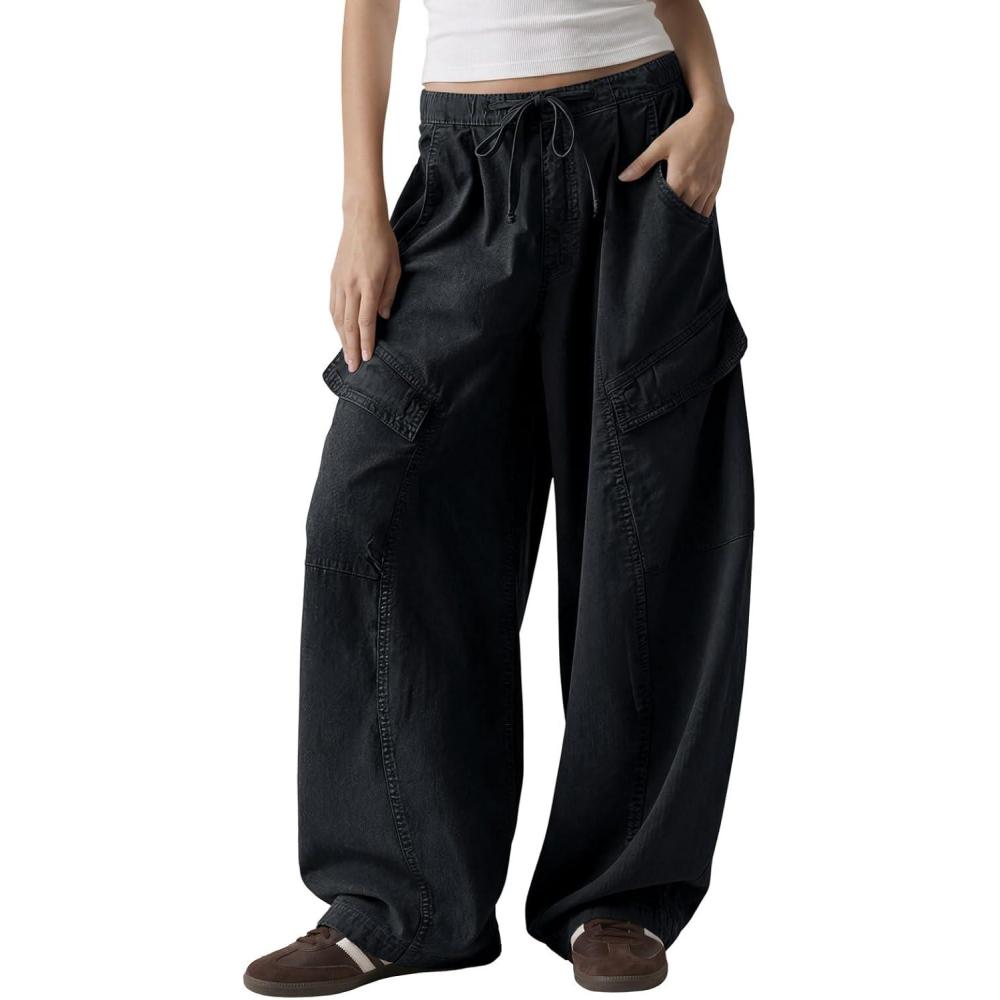 image:imageFisoew Womens Barrel Baggy Cargo Pants Elastic Waist Wide Leg Casual Pants Y2K Streetwear with Multi Pockets 2026Black
