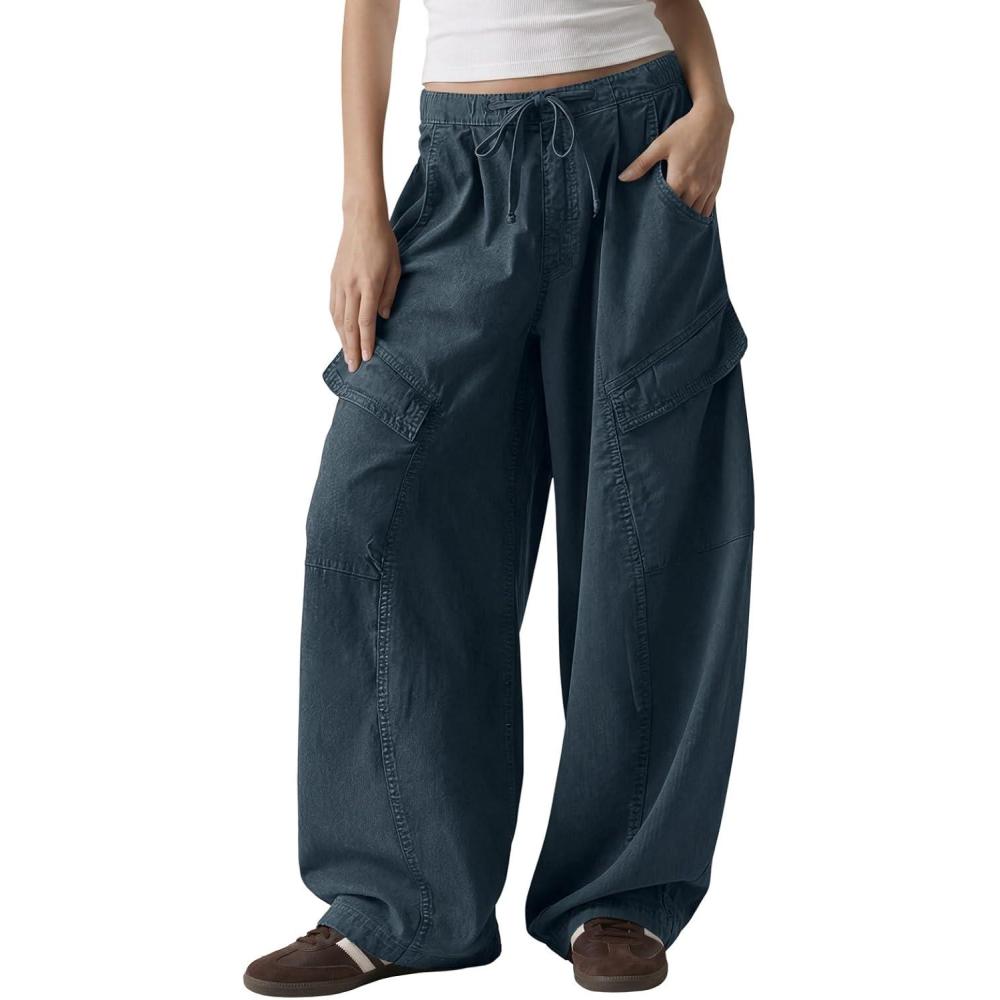 image:imageFisoew Womens Barrel Baggy Cargo Pants Elastic Waist Wide Leg Casual Pants Y2K Streetwear with Multi Pockets 2026Grey