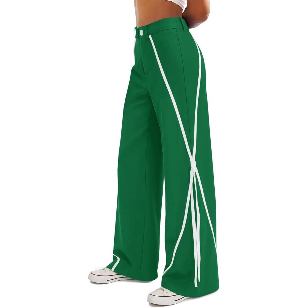 image:imageFisoew Womens Casual Wide Leg Pants Straight Leg Trousers Splicing Line High Waisted Side Striped Palazzo PantsDark Green
