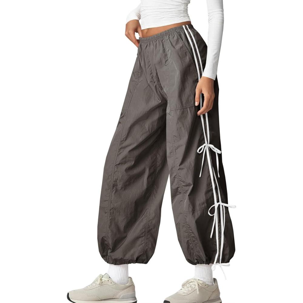 image:imageFisoew Womens Wide Leg Track Pants Casual Elastic Waist Bow Tie Y2K Baggy Sweatpants with PocketsArmy Green