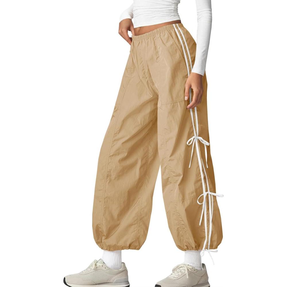 image:imageFisoew Womens Wide Leg Track Pants Casual Elastic Waist Bow Tie Y2K Baggy Sweatpants with PocketsLight Khaki
